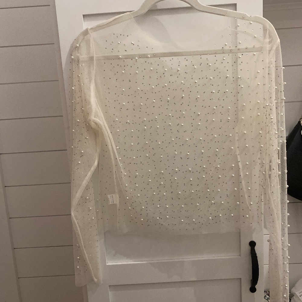 Source Unknown Cream Sheer Embellished Long Sleeve Top